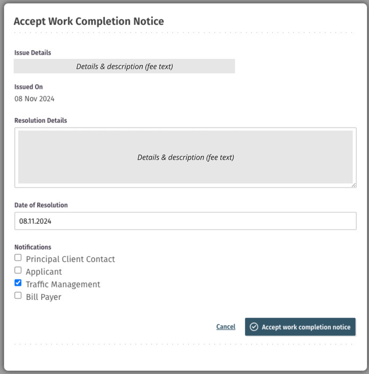 Screenshot of the accept or reject work completion notice