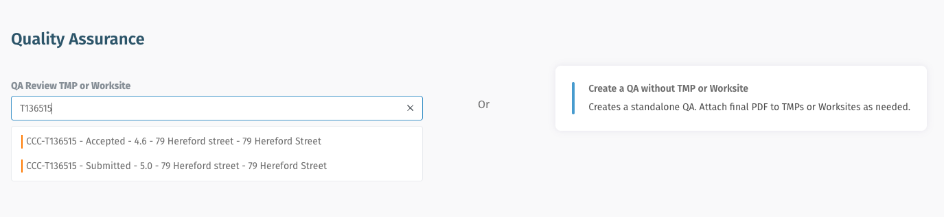 Entry to the Assurance check workflow via the "Create Assurance check" menu item and the optional Search for linking to existing Worksites or TMPs